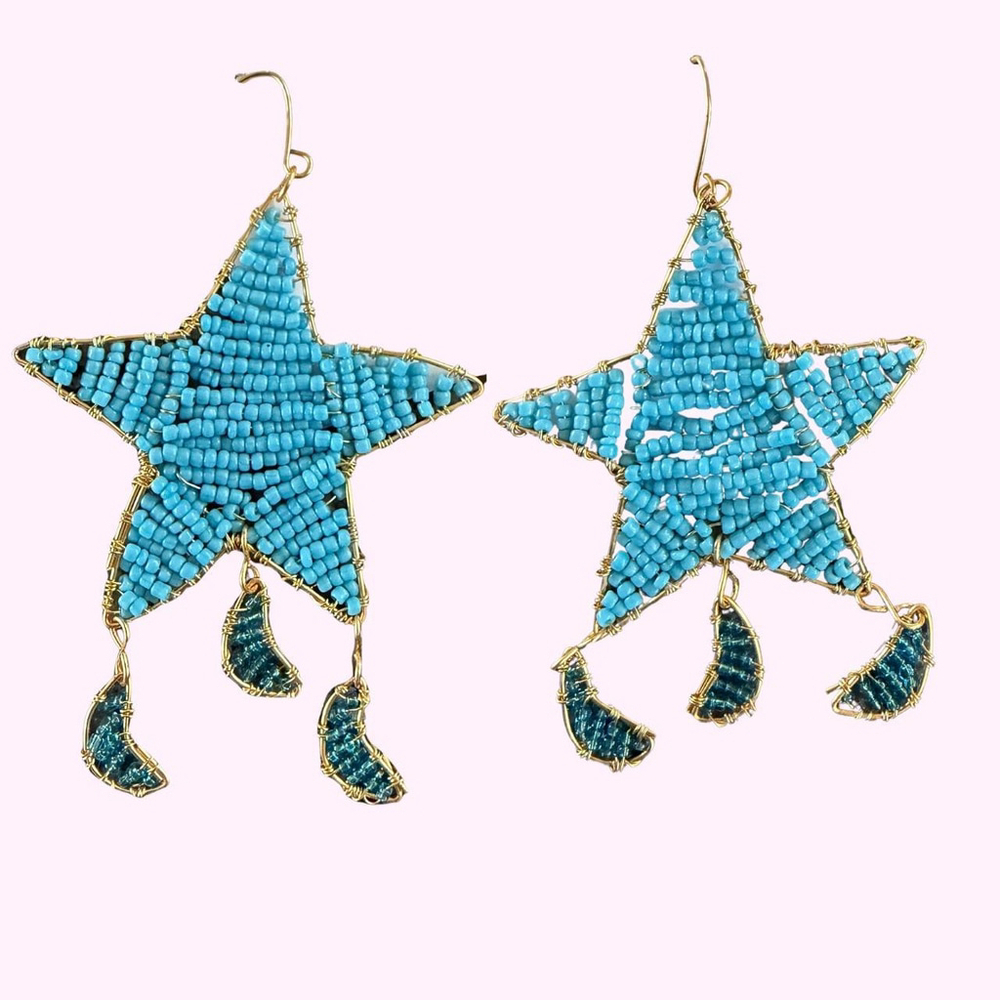 Artisan Seed Bead Gold Wire Star and Crescent Moon Dangle Earrings